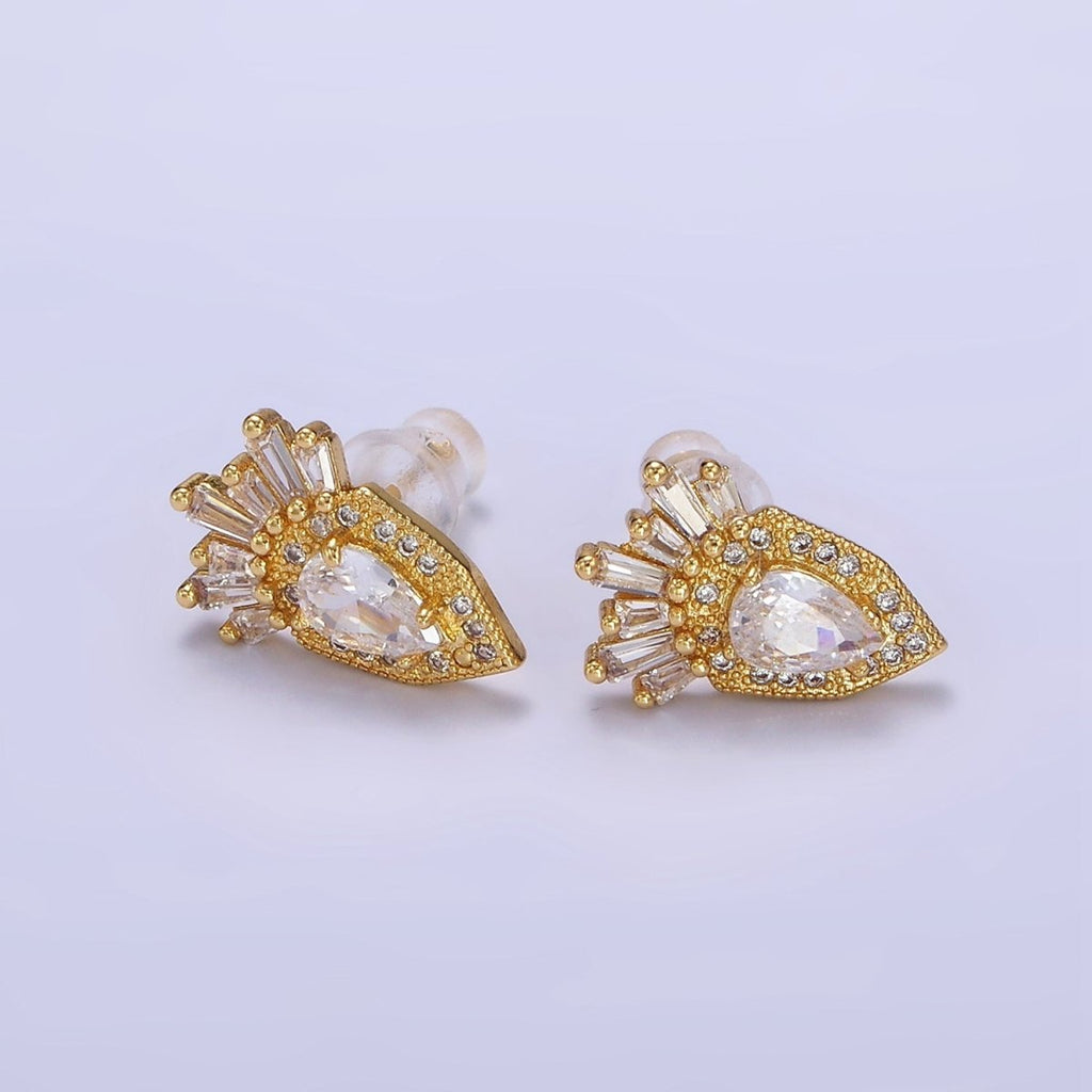 24K Gold plated Teardrop Baguette Micro Paved CZ Stud Earrings | AB1175 - DLUXCA