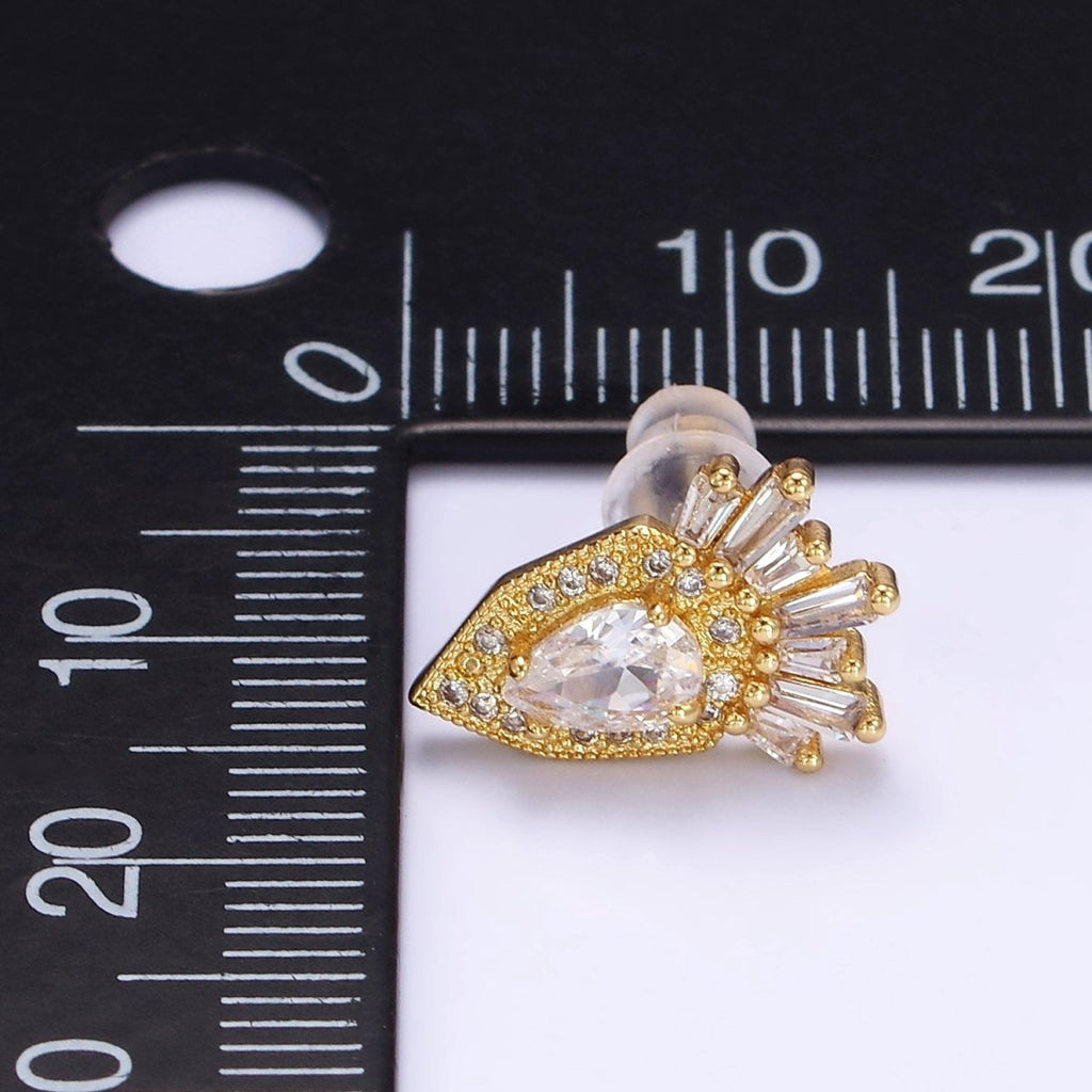 24K Gold plated Teardrop Baguette Micro Paved CZ Stud Earrings | AB1175 - DLUXCA