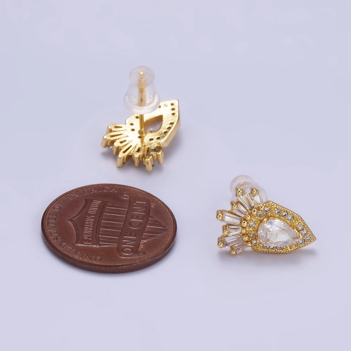 24K Gold plated Teardrop Baguette Micro Paved CZ Stud Earrings | AB1175 - DLUXCA