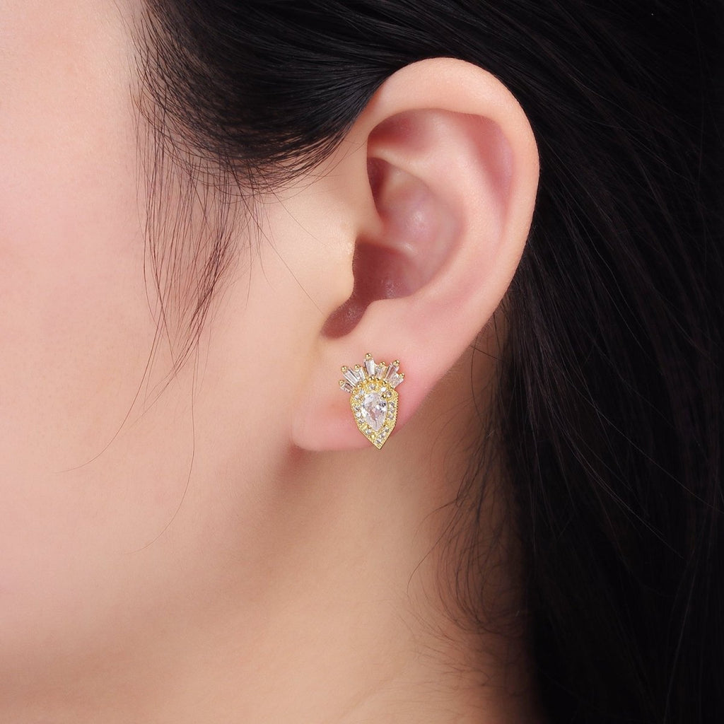 24K Gold plated Teardrop Baguette Micro Paved CZ Stud Earrings | AB1175 - DLUXCA