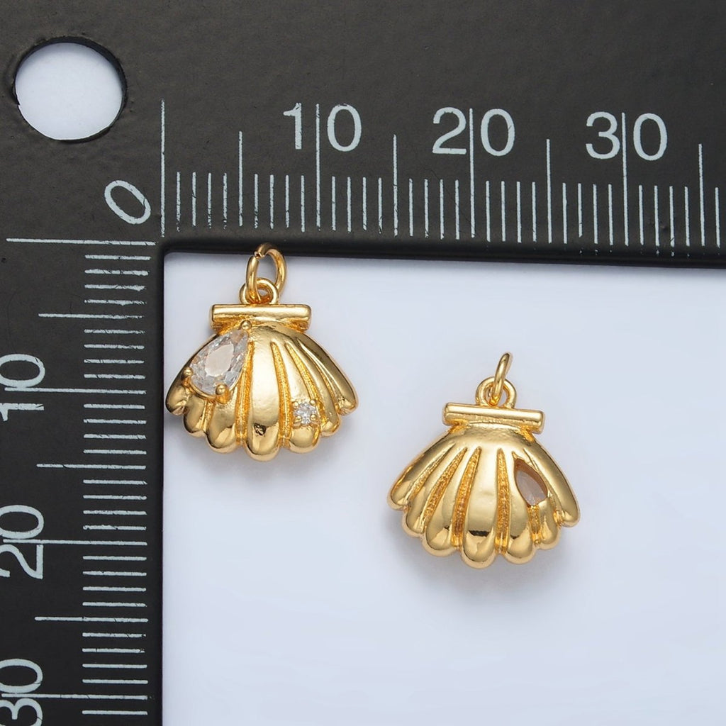 24K Gold plated Teardrop CZ Clam Sea Shell Puffed Charm | AC160 - DLUXCA