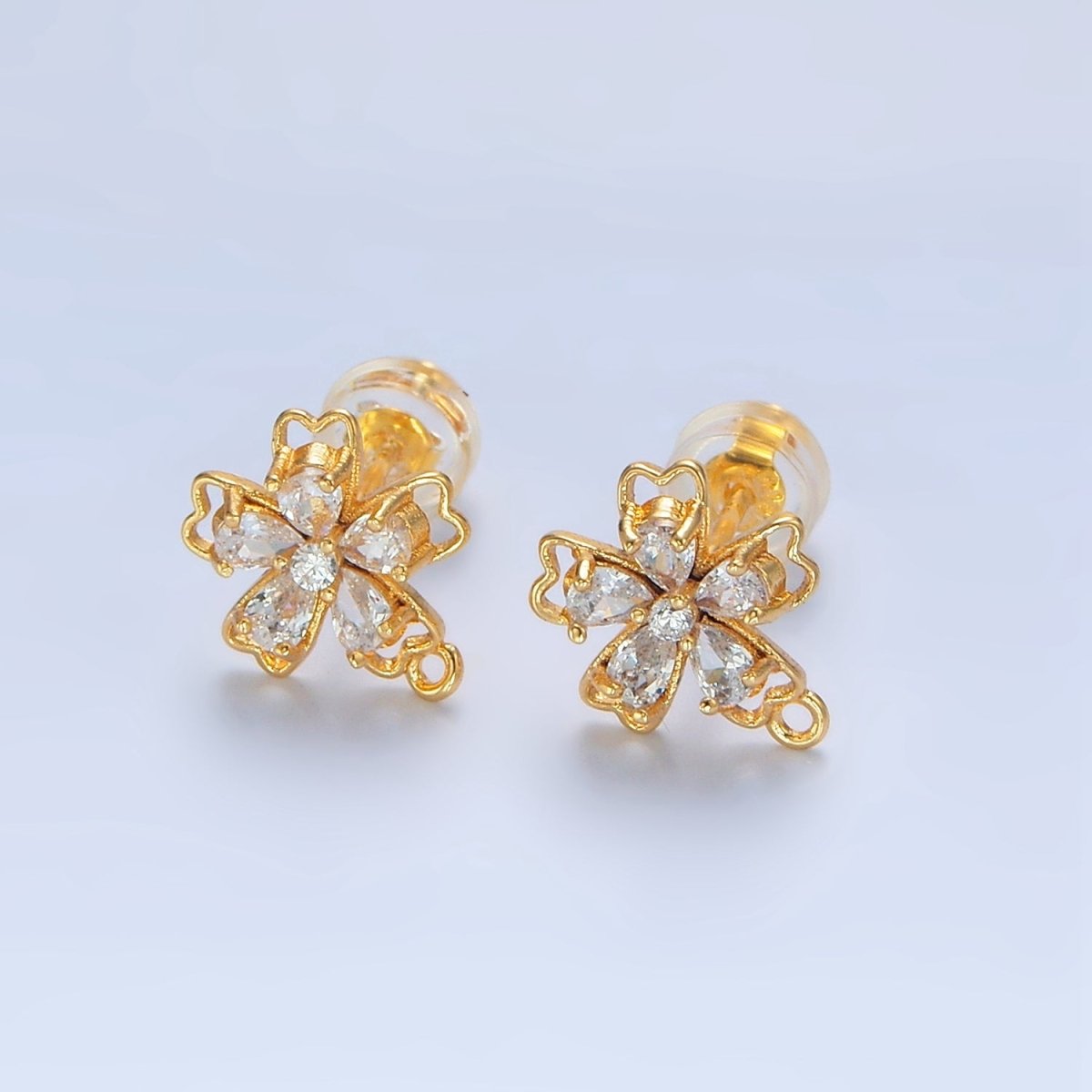 24K Gold plated Teardrop CZ Flower Drop Stud Earring Findings | Z975 - DLUXCA