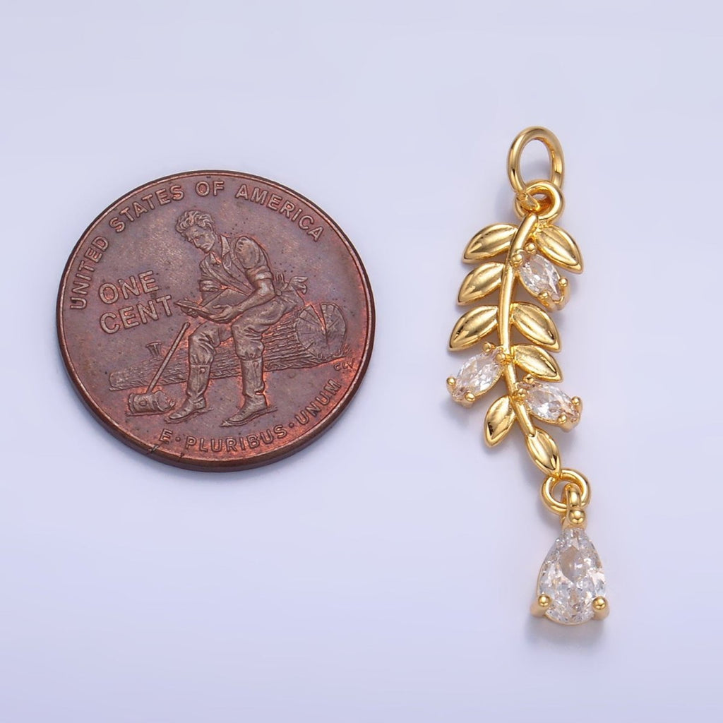 24K Gold plated Teardrop CZ Leaf Nature Charm in Gold & Silver | W449 - DLUXCA