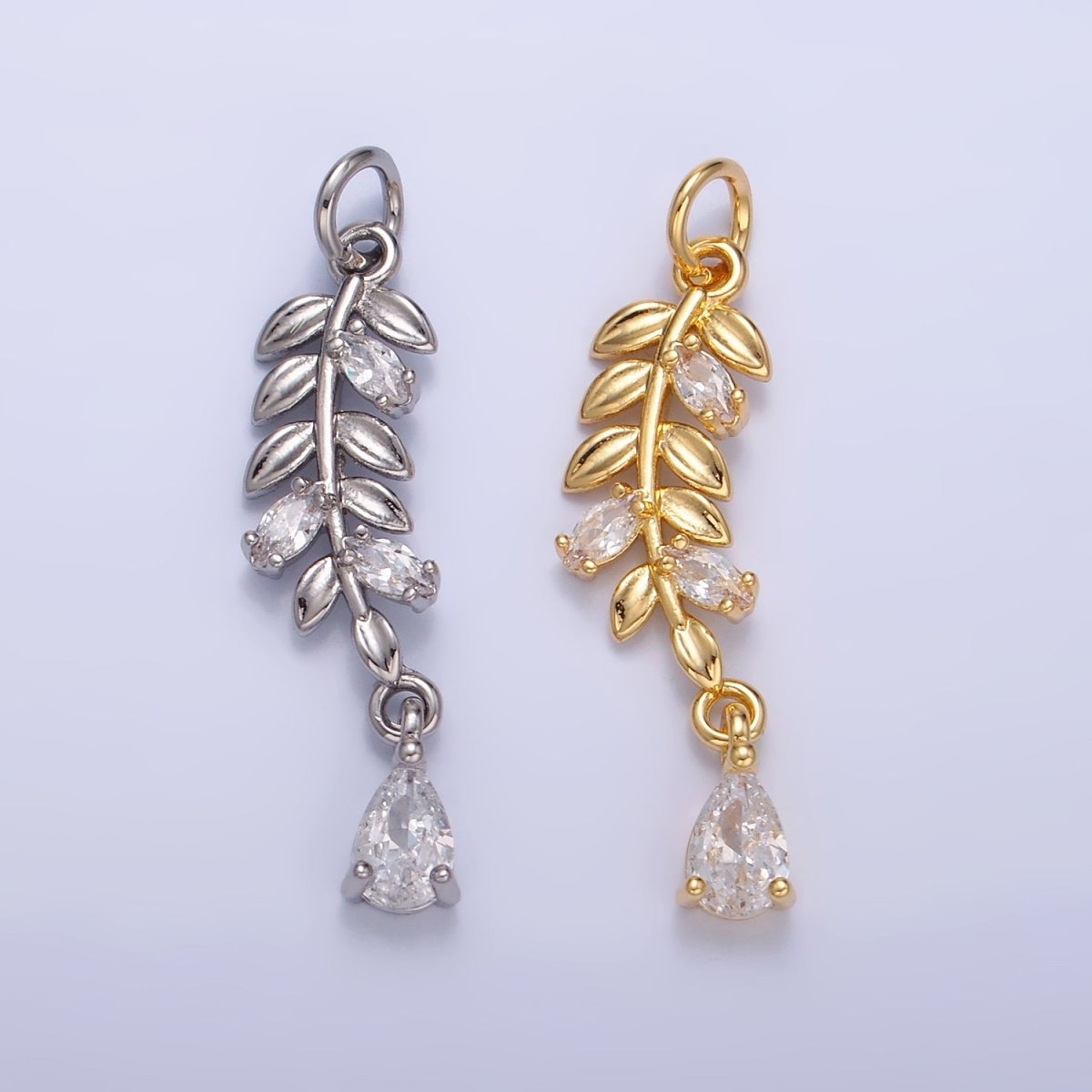 24K Gold plated Teardrop CZ Leaf Nature Charm in Gold & Silver | W449 - DLUXCA