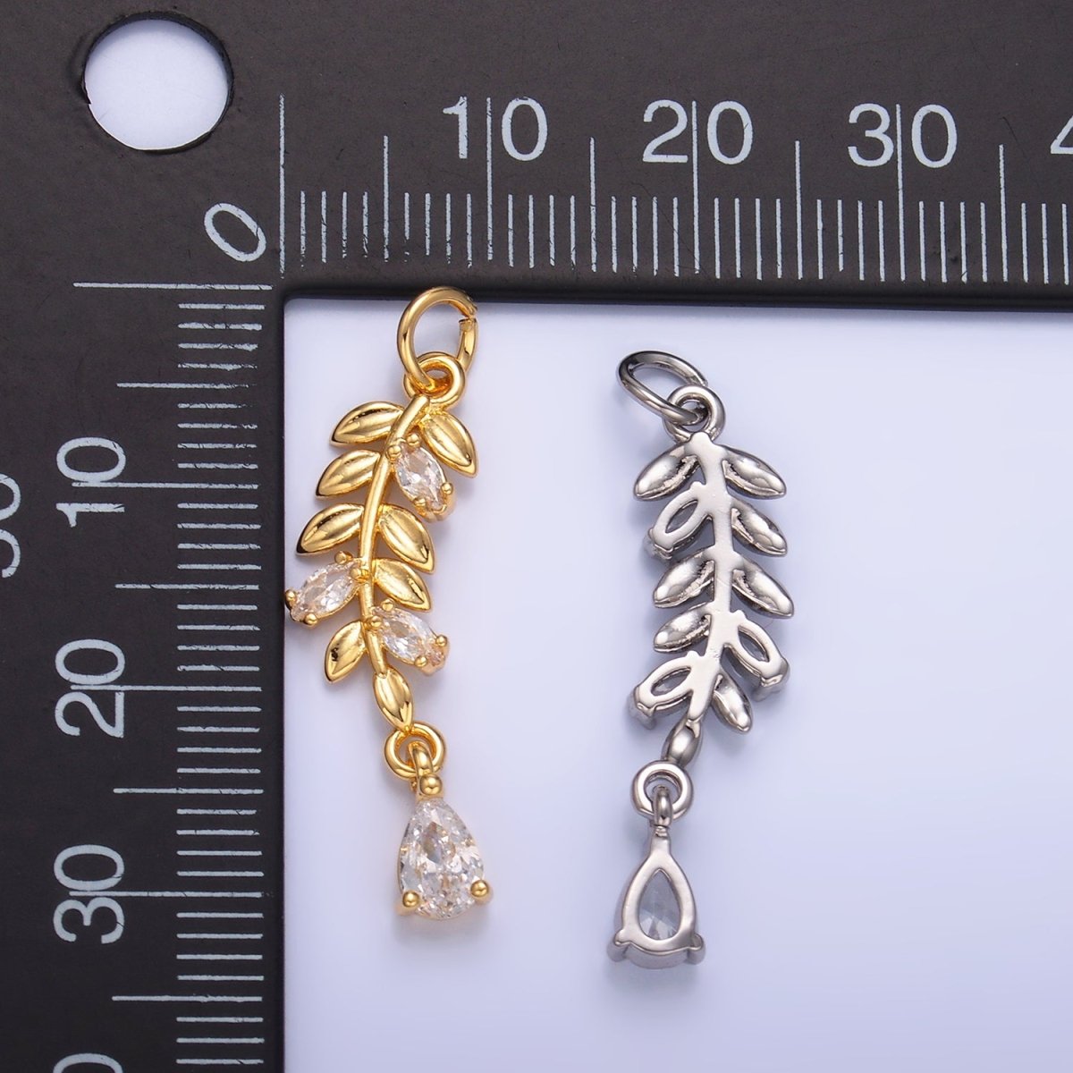 24K Gold plated Teardrop CZ Leaf Nature Charm in Gold & Silver | W449 - DLUXCA