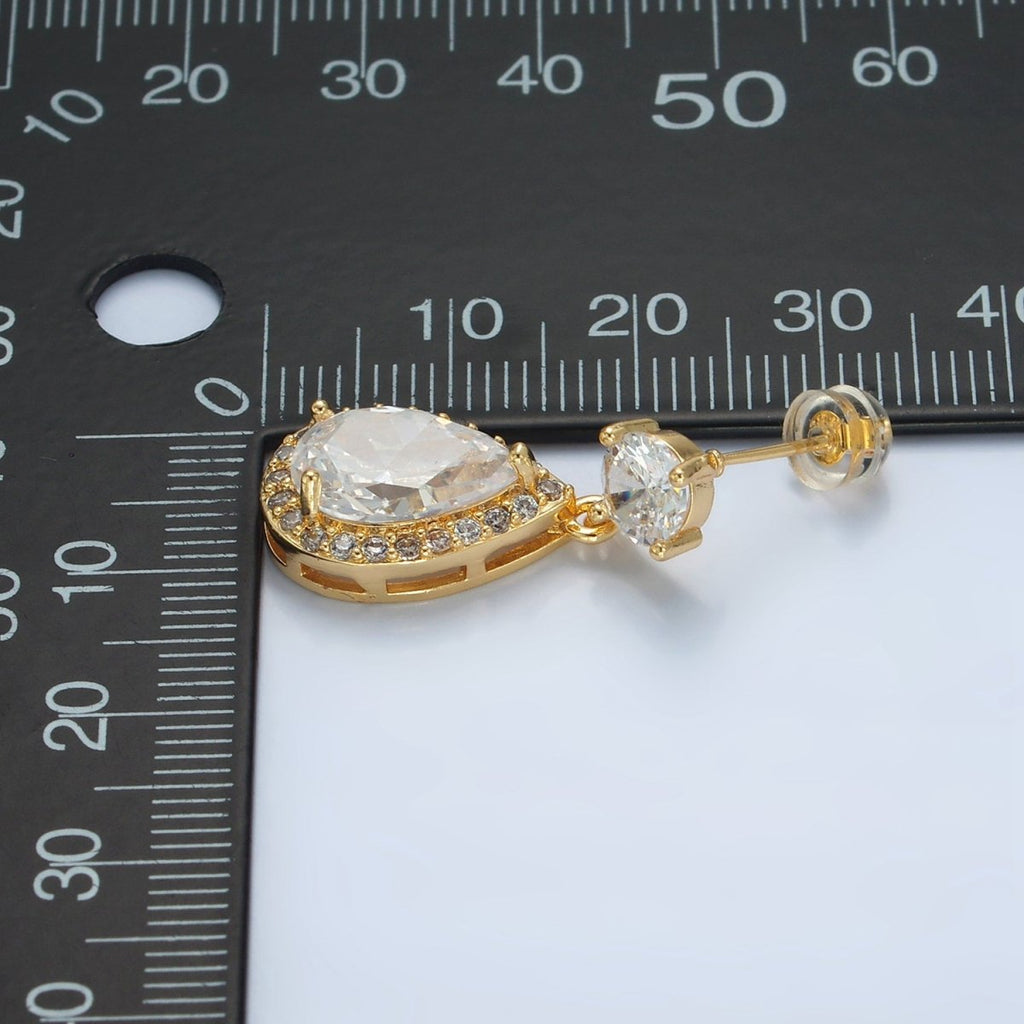 24K Gold plated Teardrop Micro Paved CZ Drop Stud Earrings | AD752 - DLUXCA
