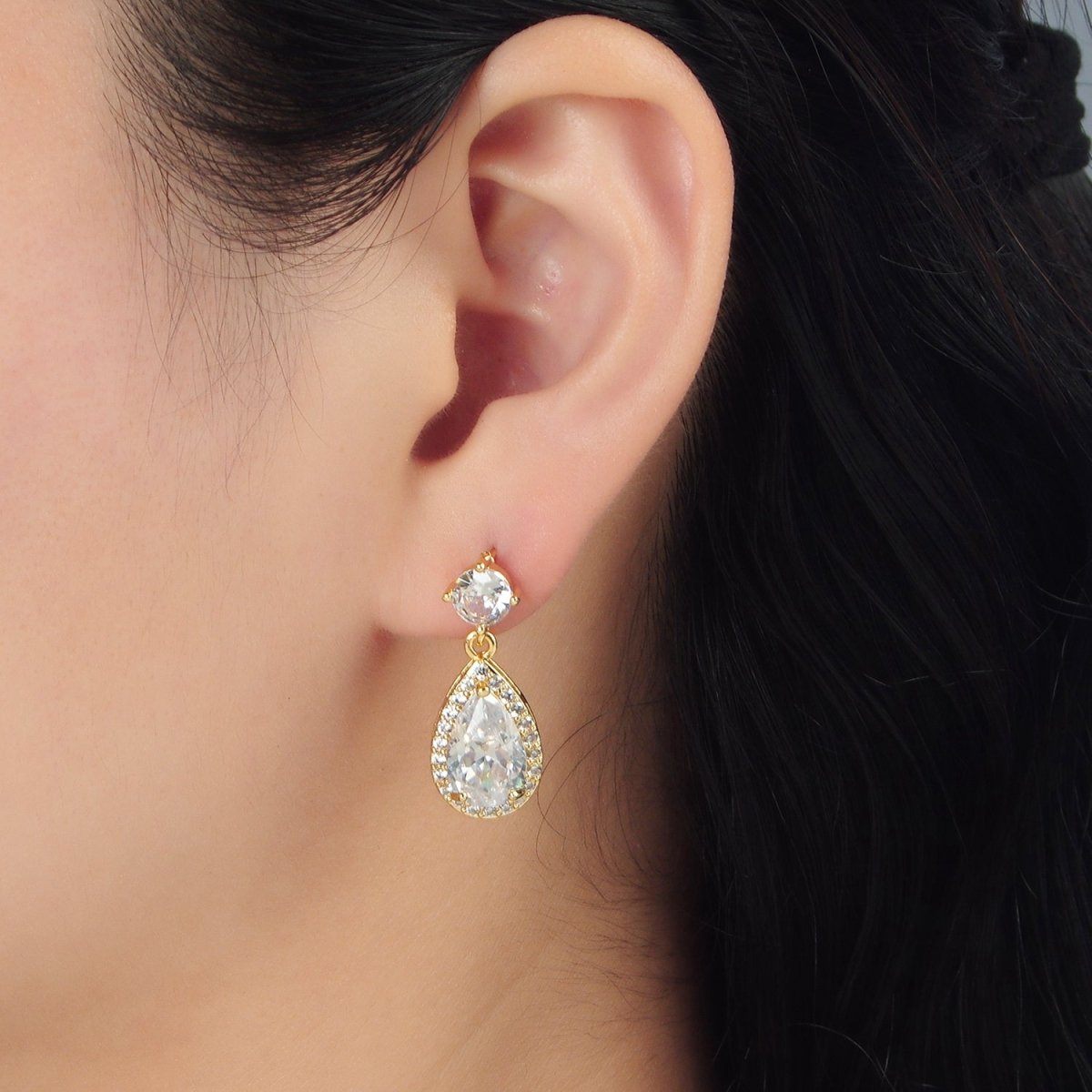 24K Gold plated Teardrop Micro Paved CZ Drop Stud Earrings | AD752 - DLUXCA