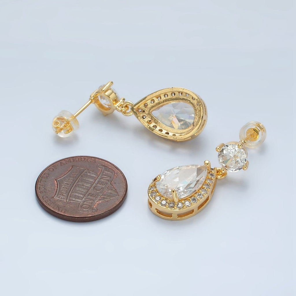 24K Gold plated Teardrop Micro Paved CZ Drop Stud Earrings | AD752 - DLUXCA