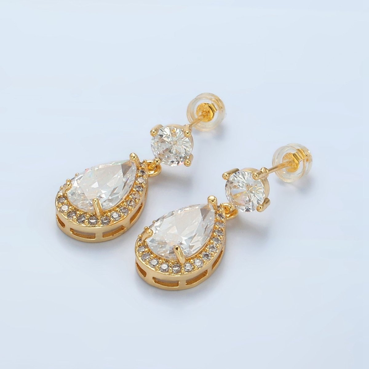24K Gold plated Teardrop Micro Paved CZ Drop Stud Earrings | AD752 - DLUXCA