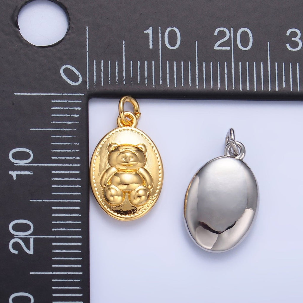 24K Gold plated Teddy Bear Oval Charm in Gold & Silver | W217 - DLUXCA