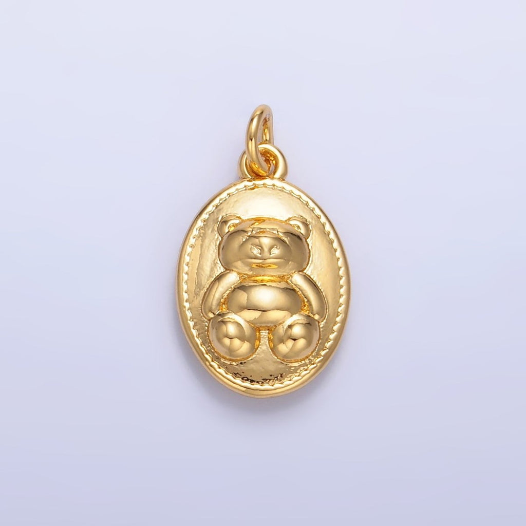 24K Gold plated Teddy Bear Oval Charm in Gold & Silver | W217 - DLUXCA