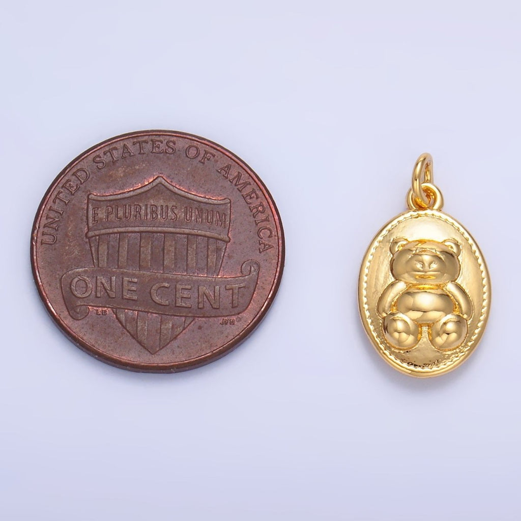 24K Gold plated Teddy Bear Oval Charm in Gold & Silver | W217 - DLUXCA