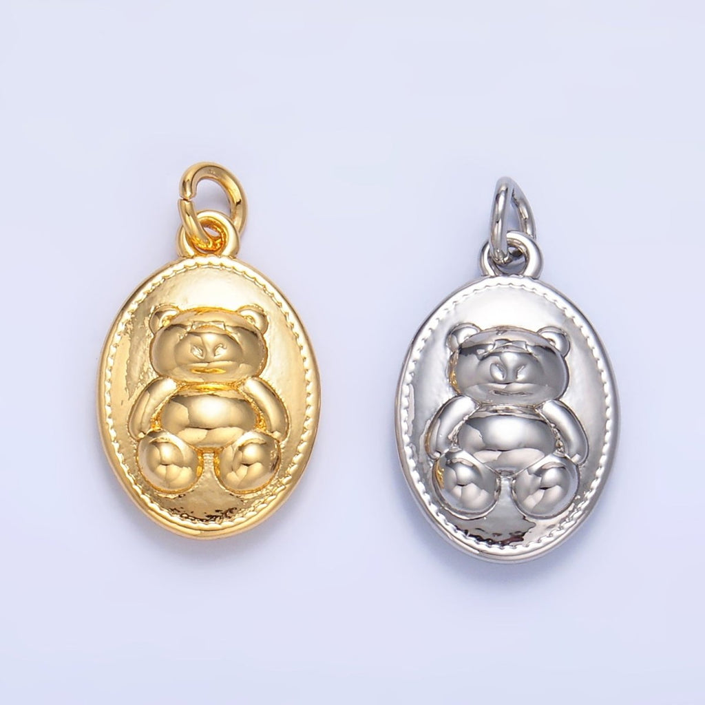 24K Gold plated Teddy Bear Oval Charm in Gold & Silver | W217 - DLUXCA