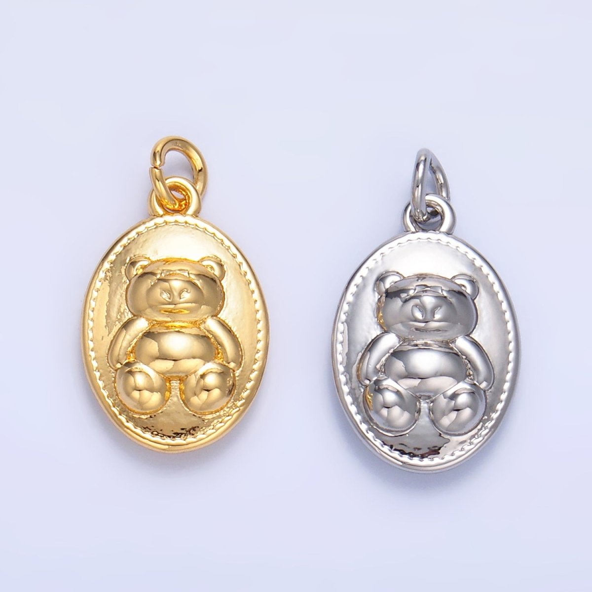 24K Gold plated Teddy Bear Oval Charm in Gold & Silver | W217 - DLUXCA