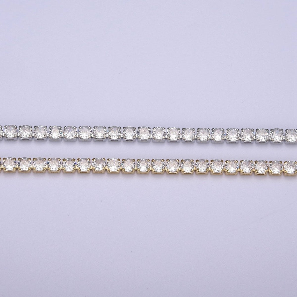 24K Gold plated Tennis Chain, 4mm Unfinished Crystal Cubic Zirconia CZ Chain For Jewelry Making in Gold & Silver, Wholesale Supply For Diamond Necklace Bracelet Anklet | ROLL-684, ROLL-685 Clearance Pricing