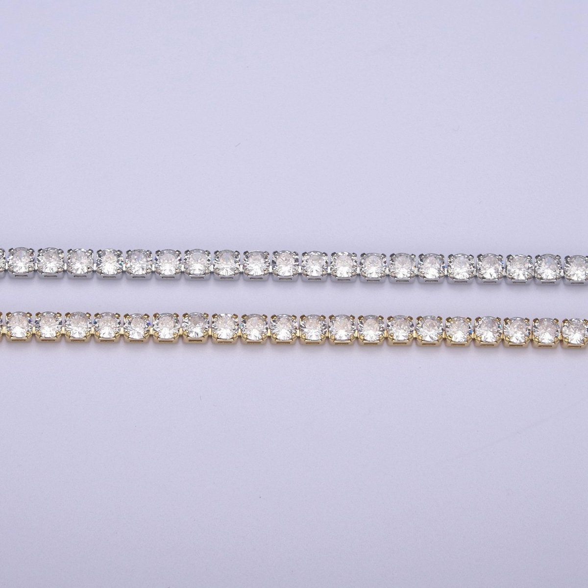 24K Gold plated Tennis Chain, 4mm Unfinished Crystal Cubic Zirconia CZ Chain For Jewelry Making in Gold & Silver, Wholesale Supply For Diamond Necklace Bracelet Anklet | ROLL-684, ROLL-685 Clearance Pricing