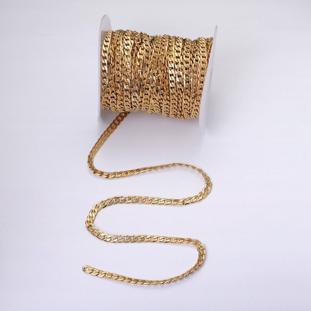 24k Gold plated Textured Cuban Curb Chain 5.5mm Unfinished Unisex Curb Link Chain by Yard Wholesale Jewelry Making Supplies | ROLL-1311 ROLL-1312 Clearance Pricing - DLUXCA