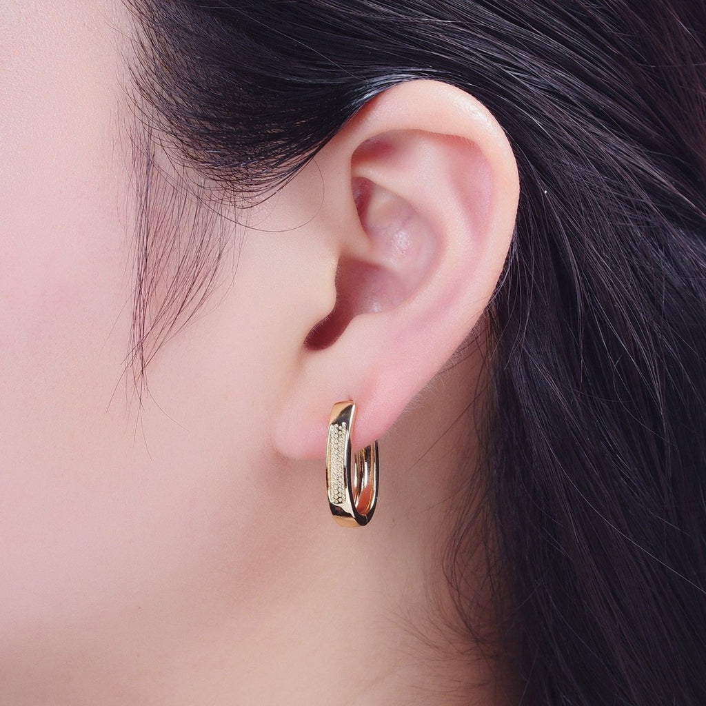 24K Gold plated Textured Dotted U Shaped Huggie Oblong Hoop Earrings T-039 - DLUXCA