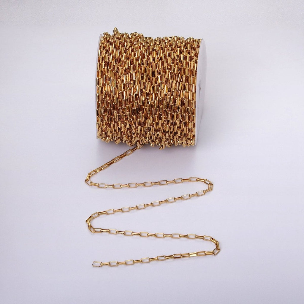 24K Gold plated Textured Elongated PaperClip Chain Box Cable Chain by yard Wholesale Chain for Jewelry making | ROLL-1275 ROLL-1276 Clearance Pricing