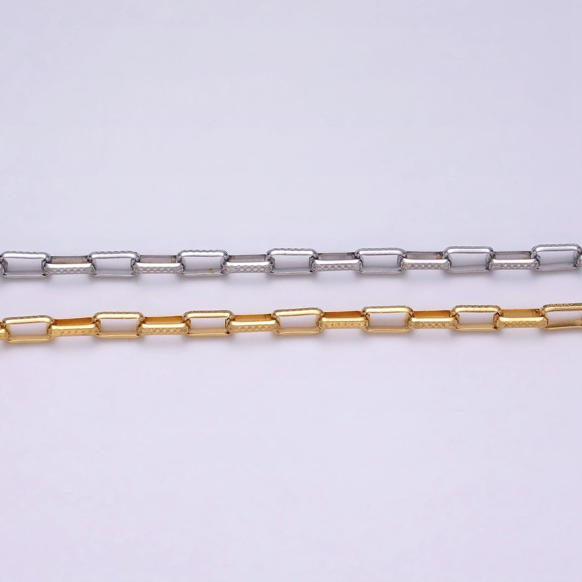 24K Gold plated Textured Elongated PaperClip Chain Box Cable Chain by yard Wholesale Chain for Jewelry making | ROLL-1275 ROLL-1276 Clearance Pricing