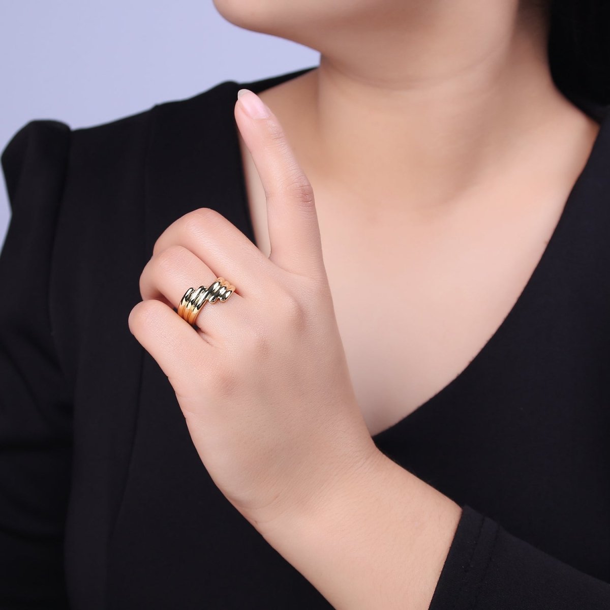 24K Gold plated Textured Ring, Stackable Open Claw Gold Band Ring, Statement Bridesmaid Ring U-461 - DLUXCA