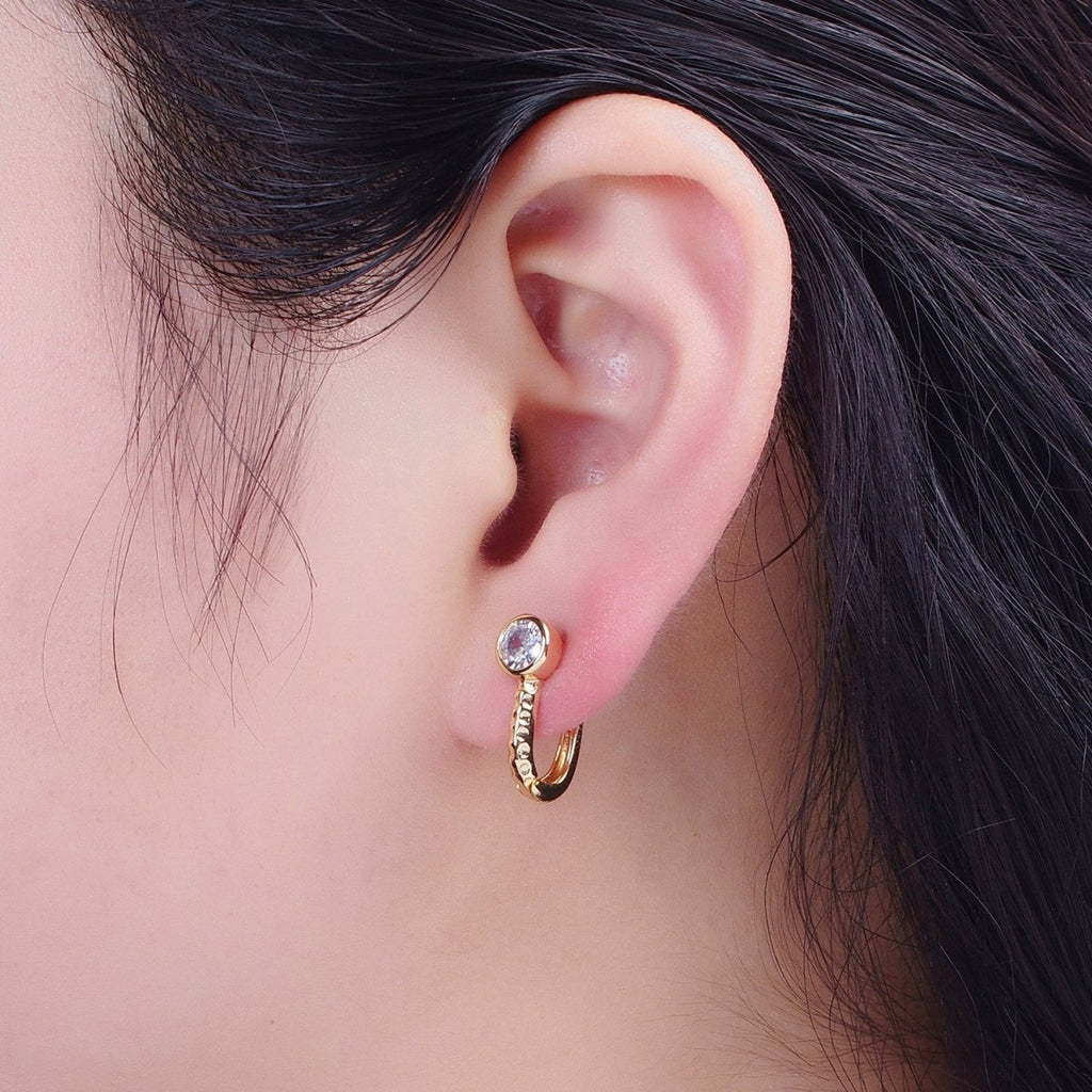 24K Gold plated Textured Round Cubic Zirconia Latch Back Earrings T-034 - DLUXCA