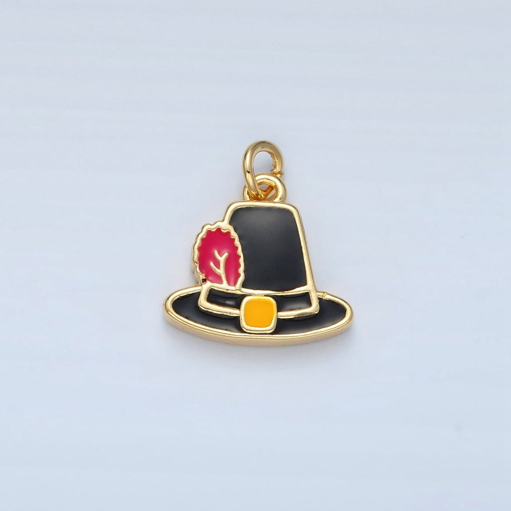 24K Gold plated Thanksgiving Black Pilgrim Hat Charm in Gold & Silver | N773