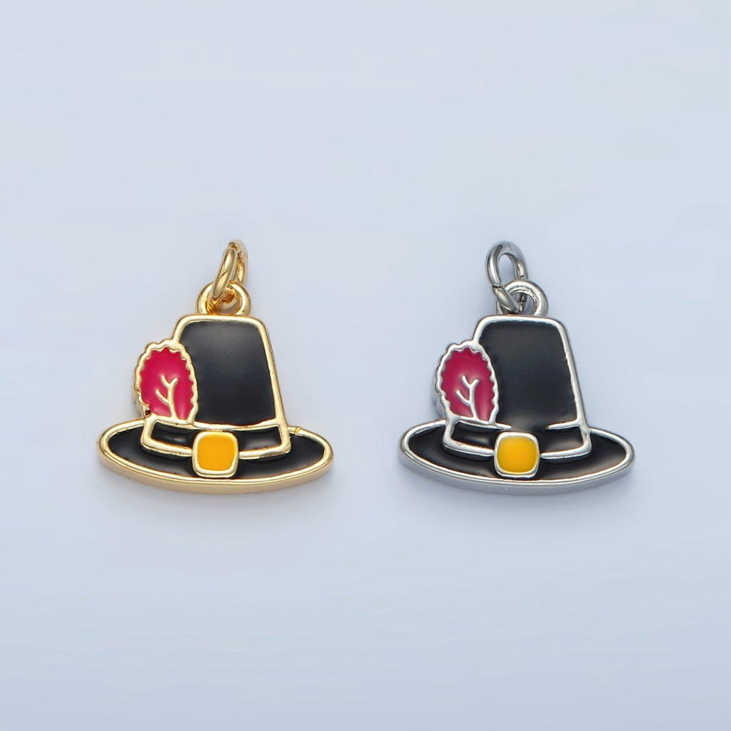 24K Gold plated Thanksgiving Black Pilgrim Hat Charm in Gold & Silver | N773