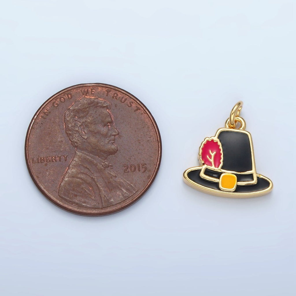 24K Gold plated Thanksgiving Black Pilgrim Hat Charm in Gold & Silver | N773