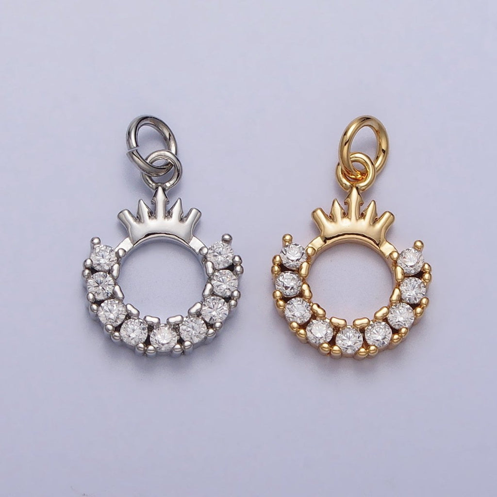 24K Gold plated Tiara Crown Open Half Round Clear Micro Paved CZ Charm in Gold & Silver | AC258 AC259