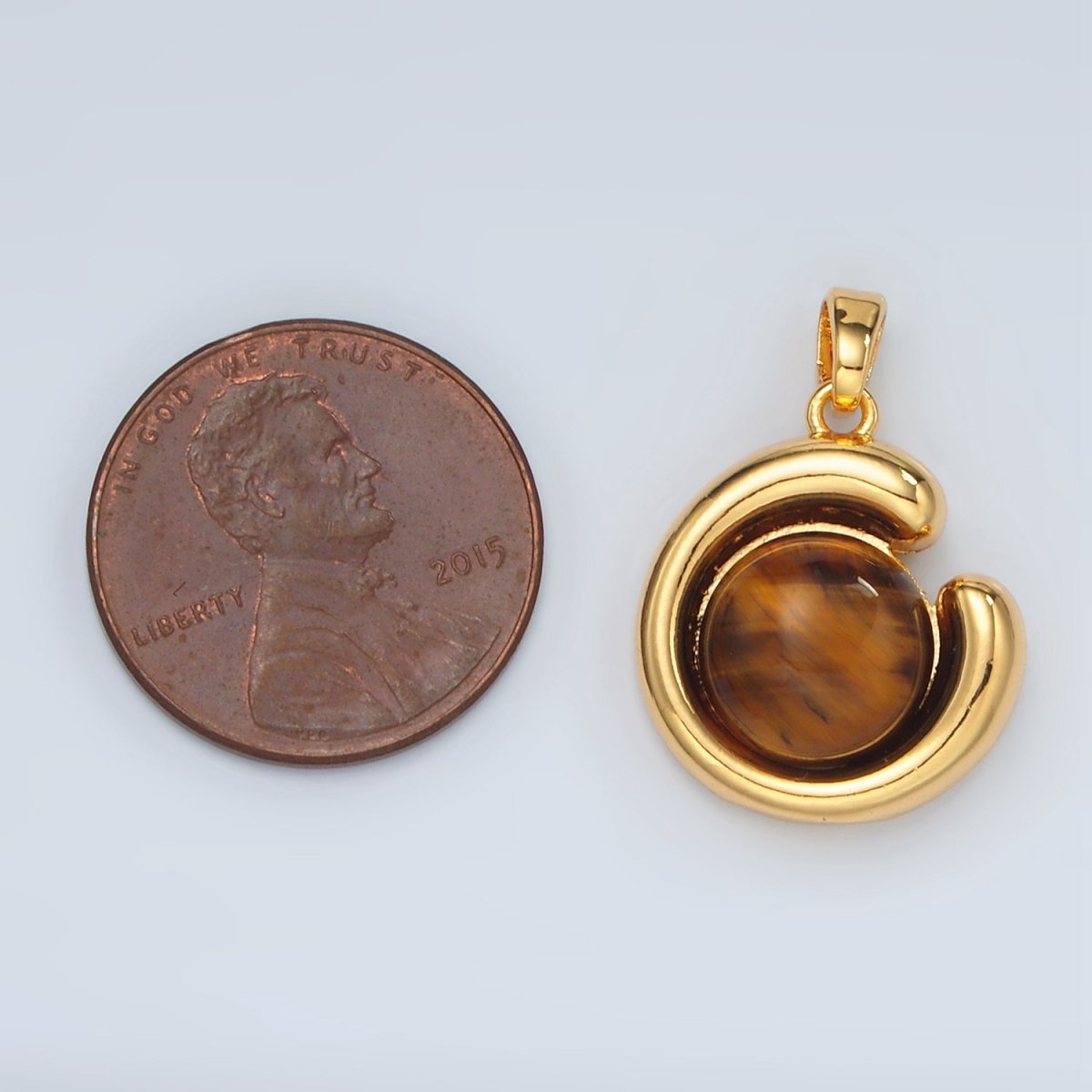 24K Gold plated Tiger Eye Gemstone Round Curved Bezel Pendant | H809 - DLUXCA