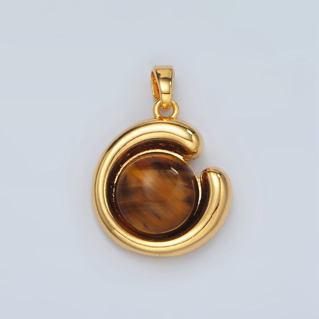 24K Gold plated Tiger Eye Gemstone Round Curved Bezel Pendant | H809 - DLUXCA