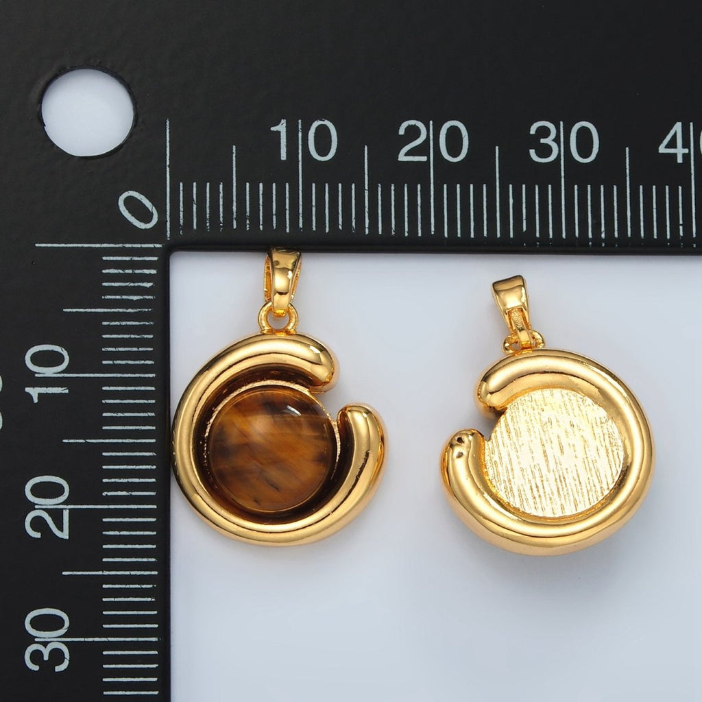 24K Gold plated Tiger Eye Gemstone Round Curved Bezel Pendant | H809 - DLUXCA
