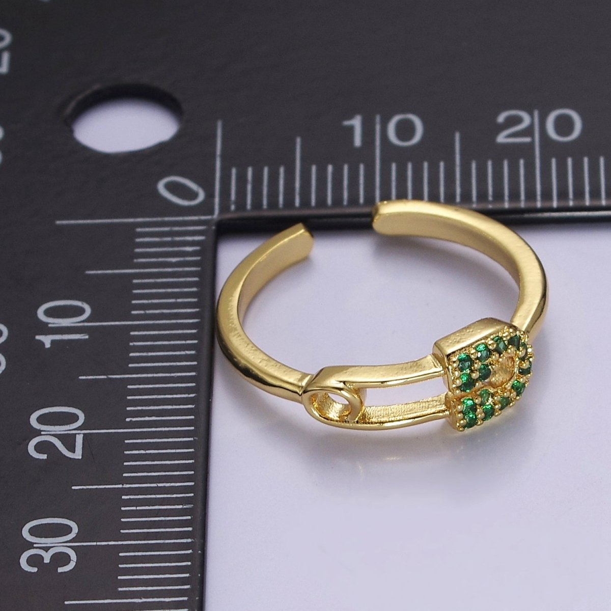 24k Gold plated Tiny Safety Pin Ring | Emerald Green Micro Pave Dainty Ring O-2179 - DLUXCA