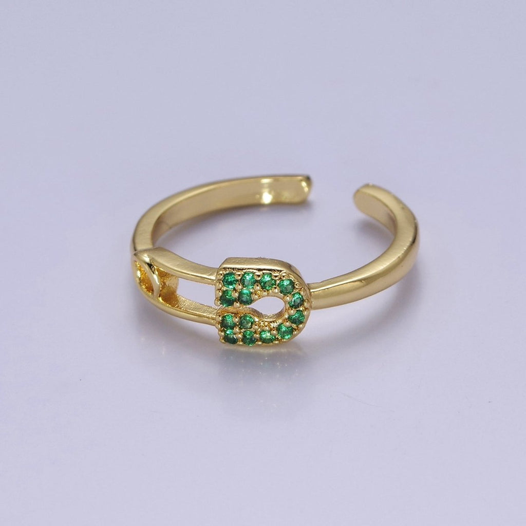 24k Gold plated Tiny Safety Pin Ring | Emerald Green Micro Pave Dainty Ring O-2179 - DLUXCA