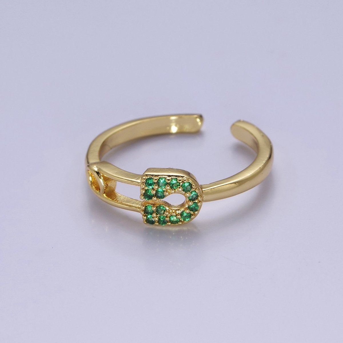 24k Gold plated Tiny Safety Pin Ring | Emerald Green Micro Pave Dainty Ring O-2179 - DLUXCA