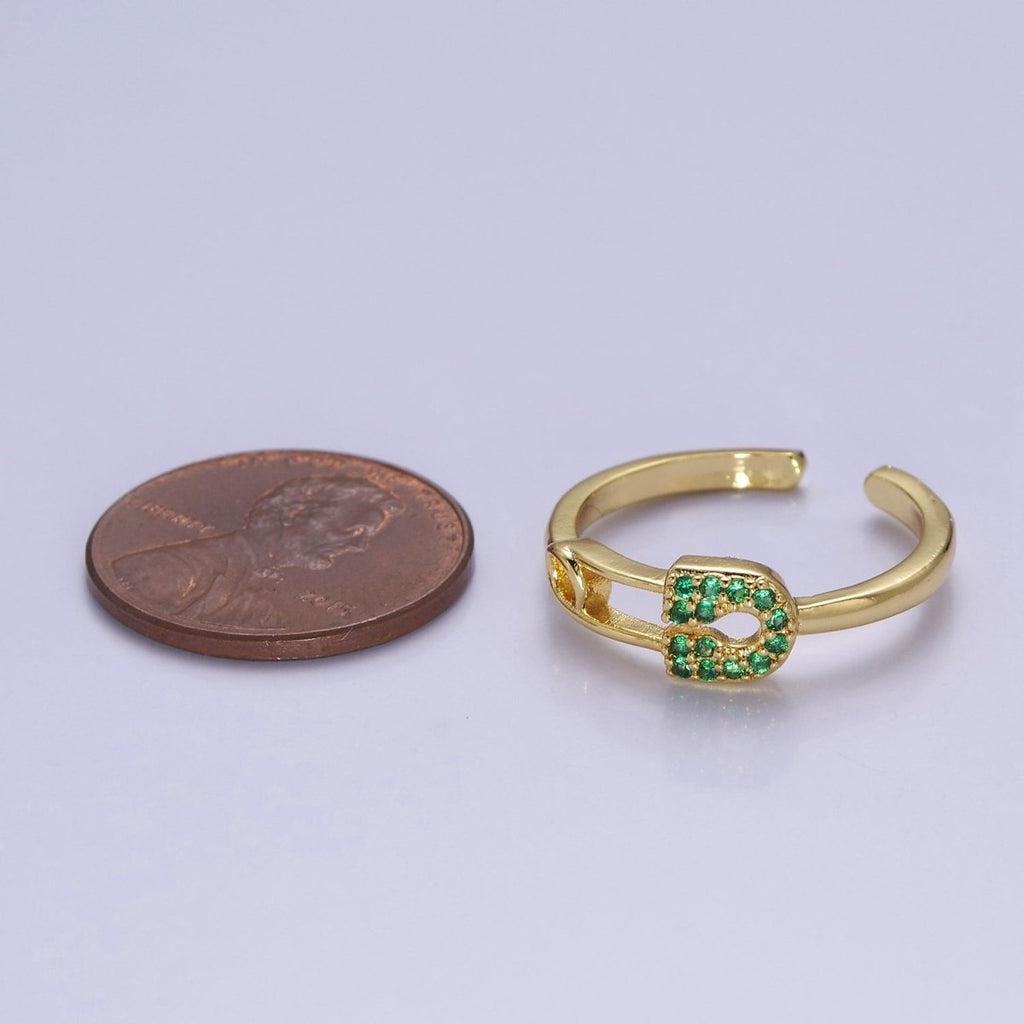 24k Gold plated Tiny Safety Pin Ring | Emerald Green Micro Pave Dainty Ring O-2179 - DLUXCA