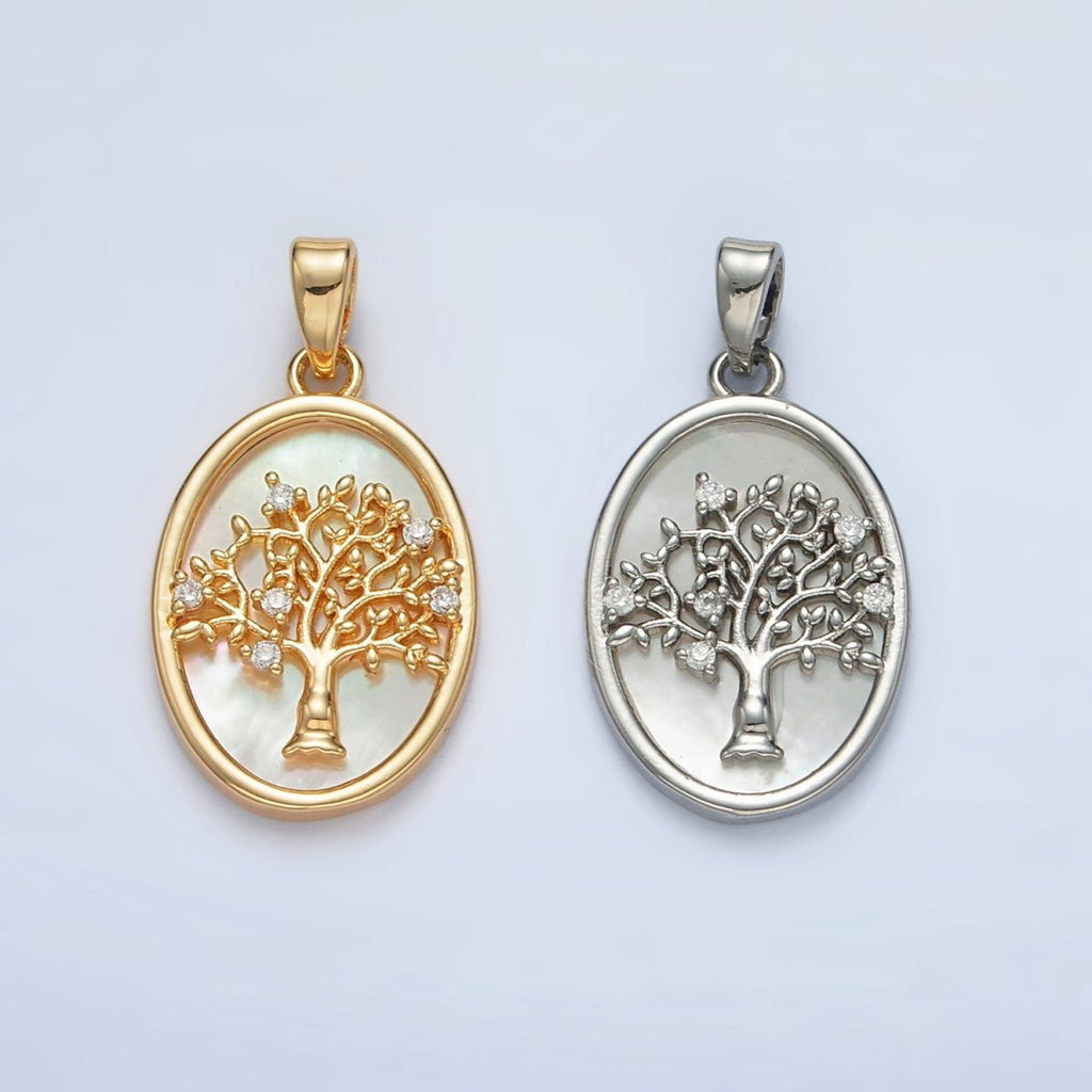 24K Gold plated Tree CZ Shell Pearl Bezel Oval Pendant in Gold & Silver | AA1525 - DLUXCA
