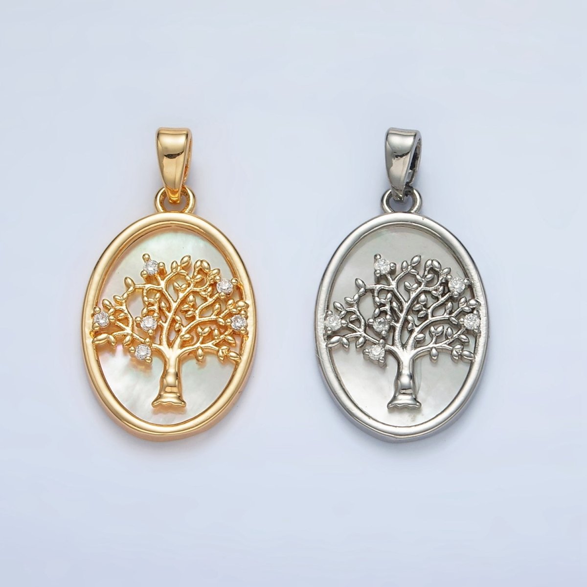 24K Gold plated Tree CZ Shell Pearl Bezel Oval Pendant in Gold & Silver | AA1525 - DLUXCA