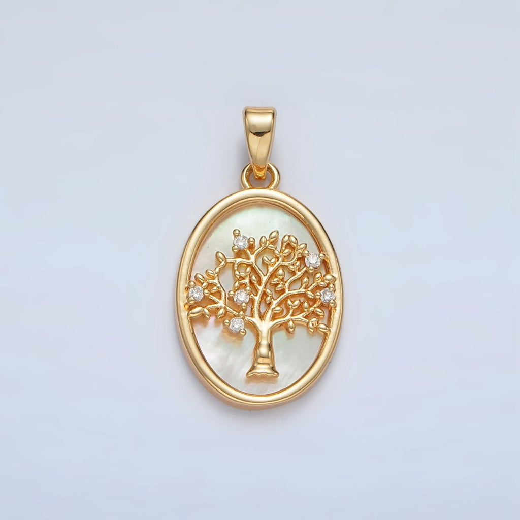 24K Gold plated Tree CZ Shell Pearl Bezel Oval Pendant in Gold & Silver | AA1525 - DLUXCA