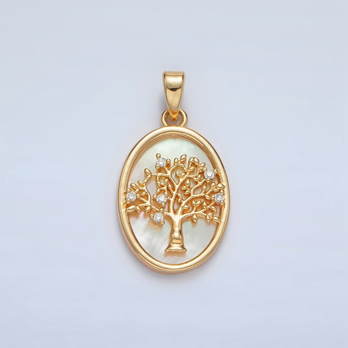 24K Gold plated Tree CZ Shell Pearl Bezel Oval Pendant in Gold & Silver | AA1525 - DLUXCA