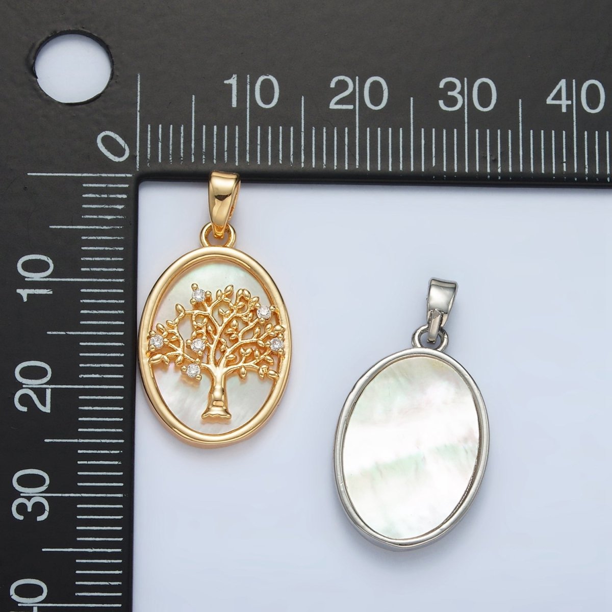 24K Gold plated Tree CZ Shell Pearl Bezel Oval Pendant in Gold & Silver | AA1525 - DLUXCA