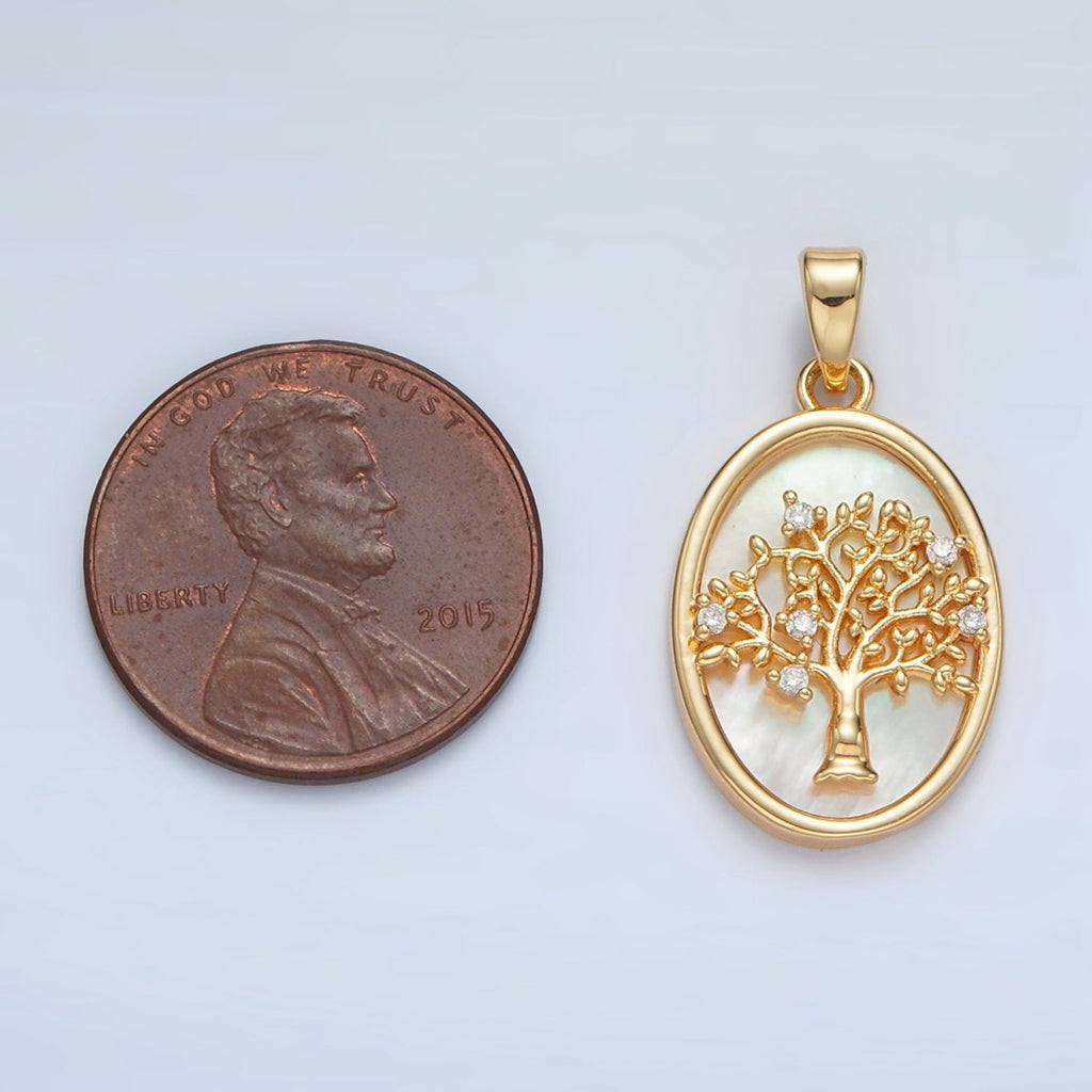 24K Gold plated Tree CZ Shell Pearl Bezel Oval Pendant in Gold & Silver | AA1525 - DLUXCA