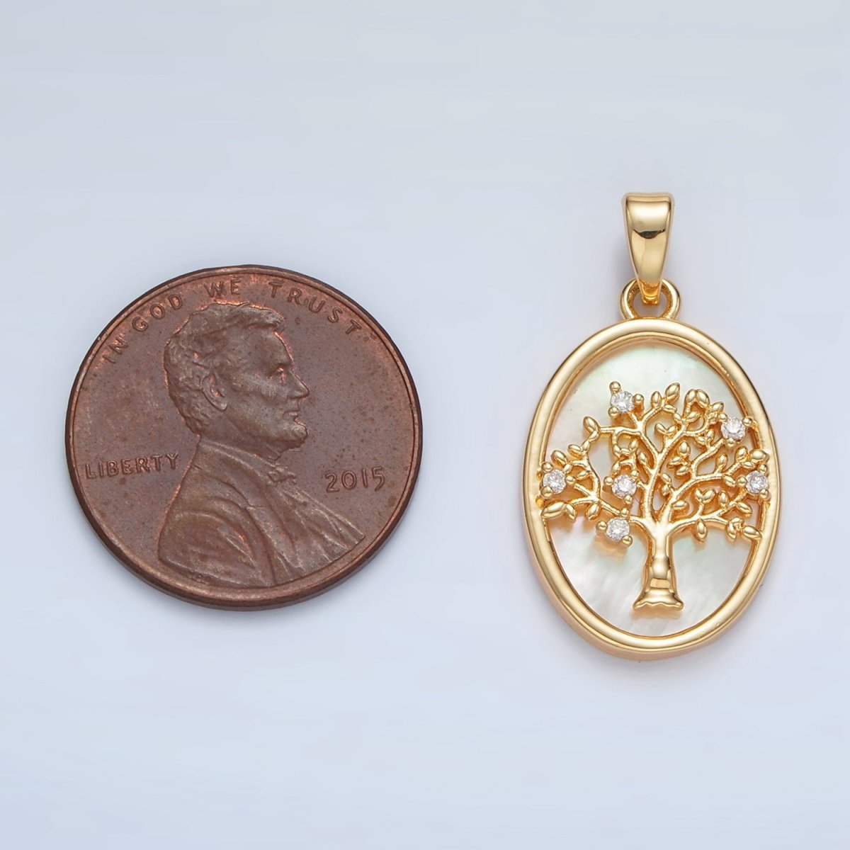 24K Gold plated Tree CZ Shell Pearl Bezel Oval Pendant in Gold & Silver | AA1525 - DLUXCA