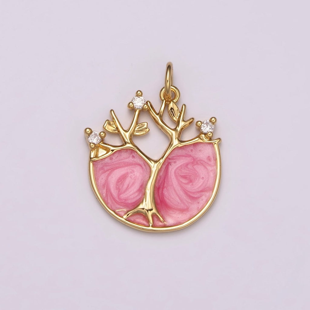 24k Gold plated Tree Of Life Charm, Pink Enamel Tree Of Life Pendant for Necklace Bracelet Earring N-159 - DLUXCA