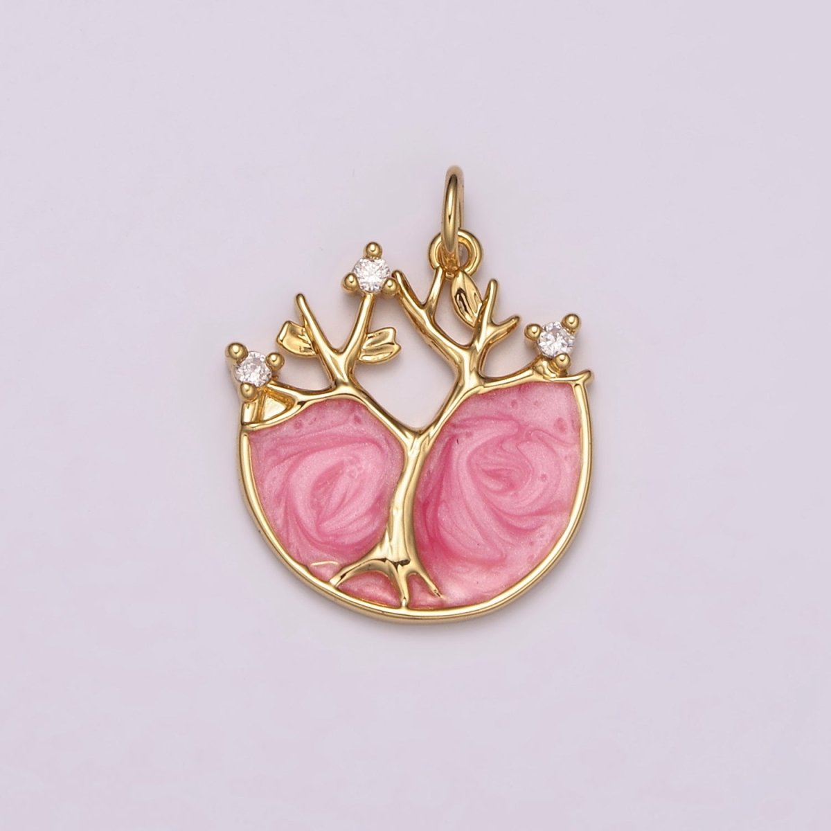 24k Gold plated Tree Of Life Charm, Pink Enamel Tree Of Life Pendant for Necklace Bracelet Earring N-159 - DLUXCA
