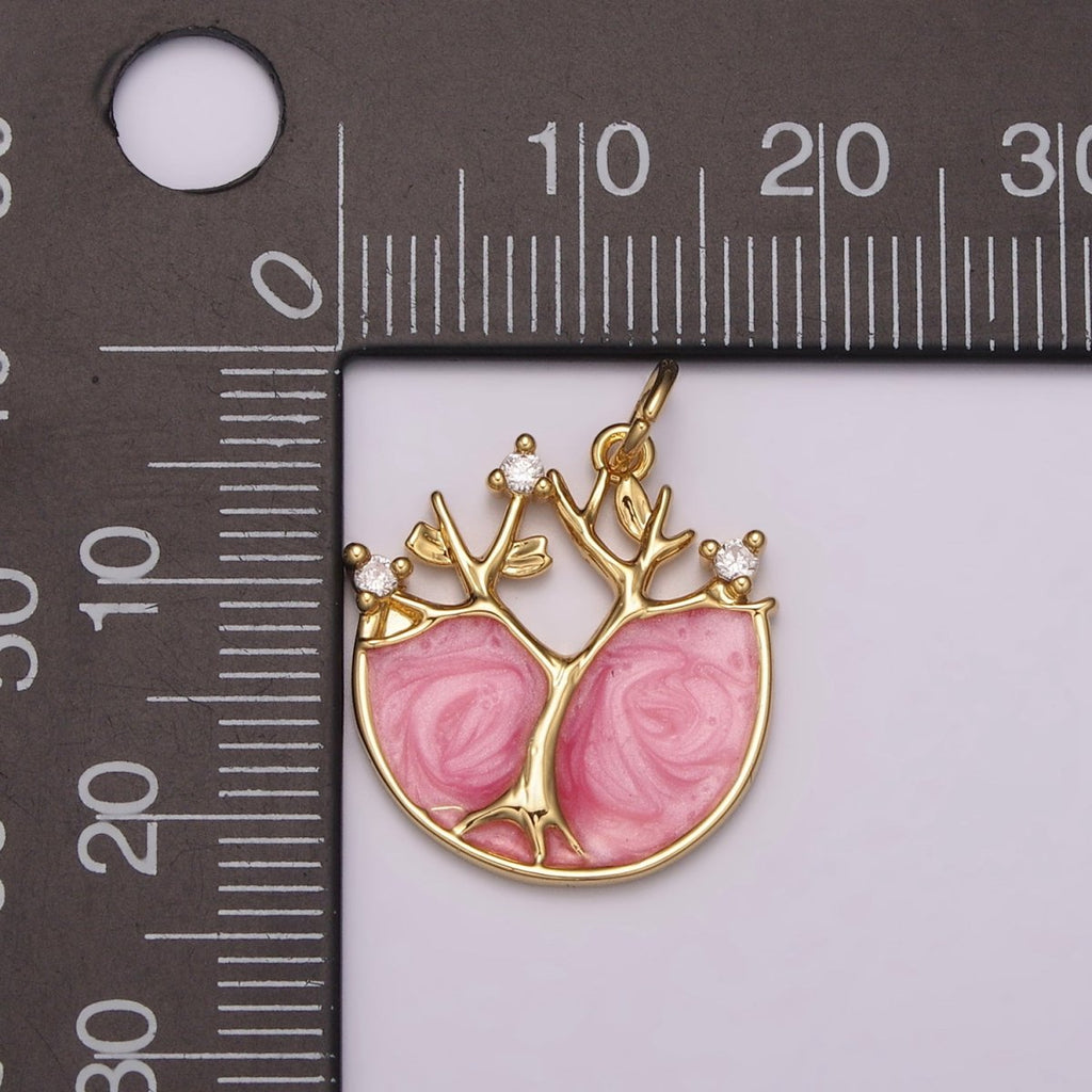 24k Gold plated Tree Of Life Charm, Pink Enamel Tree Of Life Pendant for Necklace Bracelet Earring N-159 - DLUXCA