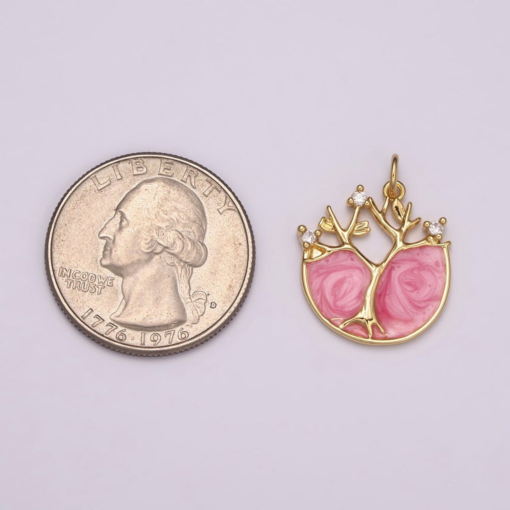 24k Gold plated Tree Of Life Charm, Pink Enamel Tree Of Life Pendant for Necklace Bracelet Earring N-159 - DLUXCA