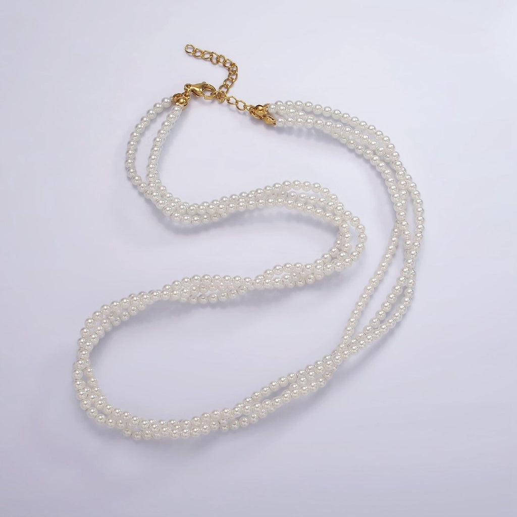 24K Gold plated Triple 3mm Round Shell Pearl 17 Inch Choker Necklace w. Extender | WA-2330 Clearance Pricing - DLUXCA