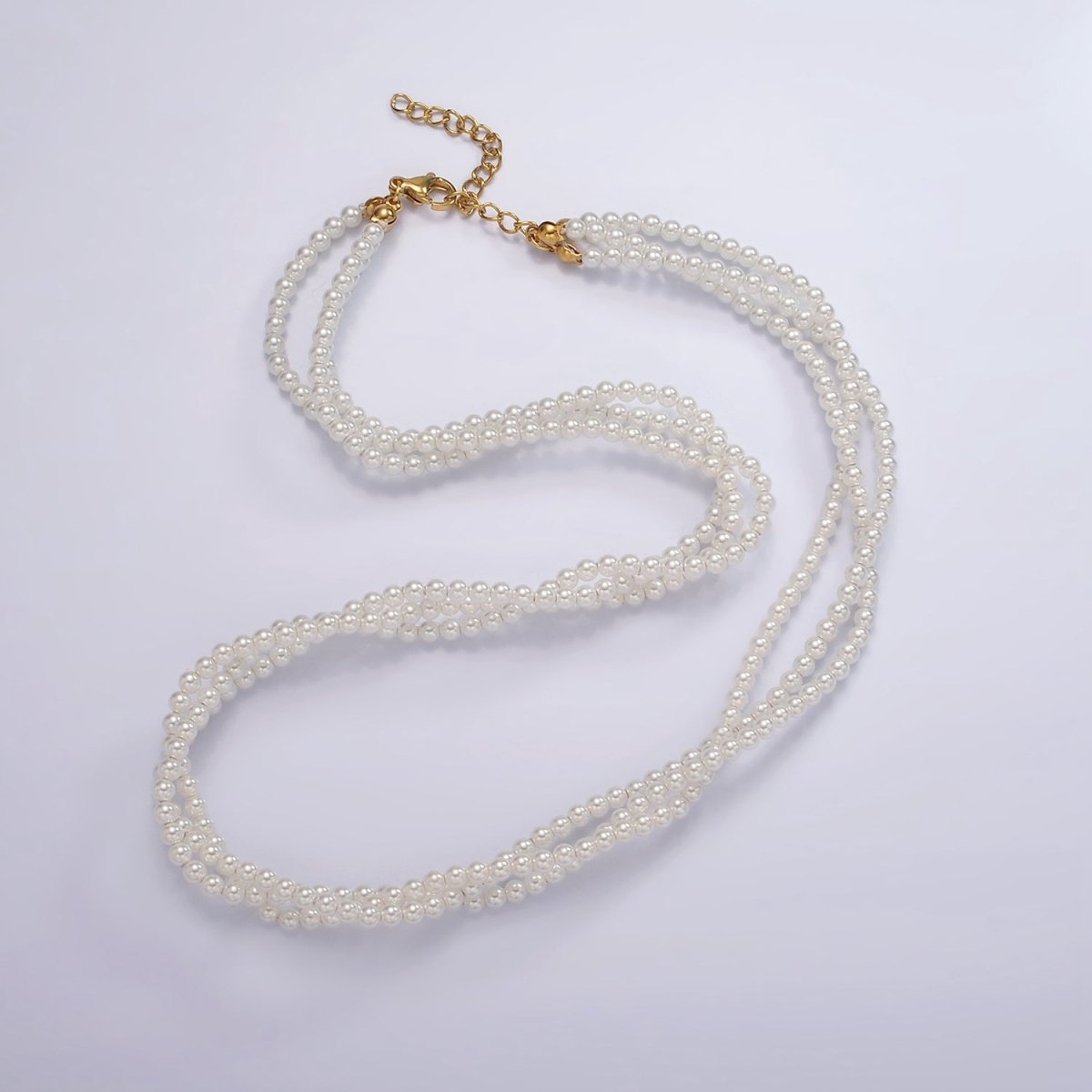 24K Gold plated Triple 3mm Round Shell Pearl 17 Inch Choker Necklace w. Extender | WA-2330 Clearance Pricing - DLUXCA